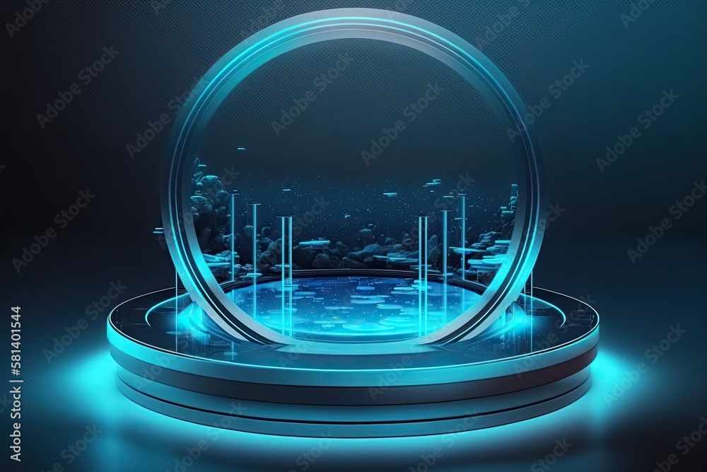 Sticker a circular waterside deck with glass walls. banner for a product showcase in a simple, blue neon sty