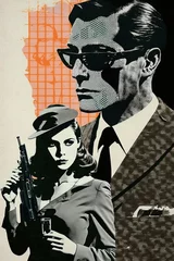 Vintage halftone poster of imaginary spy movie with superspy and beautiful woman, AI generative © Friedbert