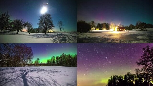 Time lapse shot of snowy winter scenes in nature during night with northern lights and full moon