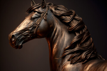Fototapeta na wymiar Escultura de caballo de bronce con detalles intrincados estilo realista, iluminación de estudio sobre fondo oscuro, generative ai.