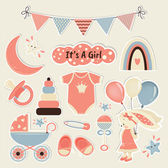 A set of stickers for a newborn. It's a girl, a baby shower. Vector illustration