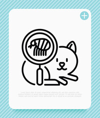 Cat with tick under magnifying glass. Veterinary clinic. Pet parasites. Thin line icon. Vector illustration.