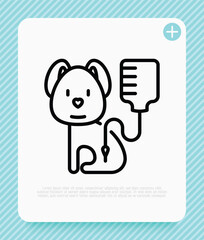 Vet clinic, blood transfusion for pet. Dog with blood bag. Thin line icon. Vector illustration.