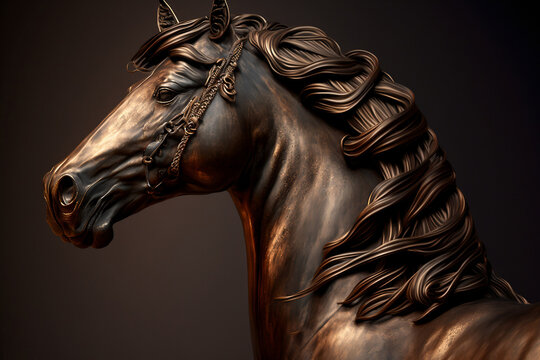 Escultura de caballo de bronce con detalles intrincados estilo realista, iluminaci&oacute;n de estudio sobre fondo oscuro, generative ai.