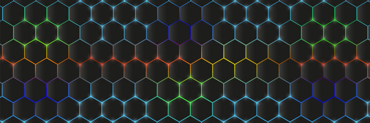 Abstract dark hexagon pattern on color neon technology style background. Modern futuristic geometry shape web banner design.