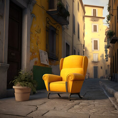 Fototapeta na wymiar Yellow armchair in the streets of New-York, Paris, London and Italy, Ai generated 