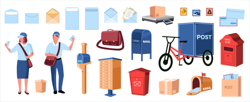 Male and female postman with bag with letters, mailbox, transport. Professions, delivery concept