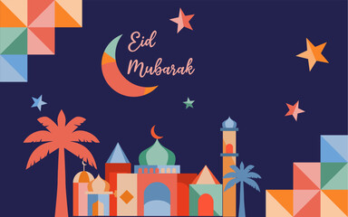 eid mubarak design with geometric style in random colours. suitable for background, postcard, banner, poster, sticker, etc