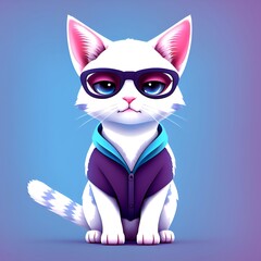 Cute little kitty in clothes and glasses, cartoon style with white and purple colors. Generative AI