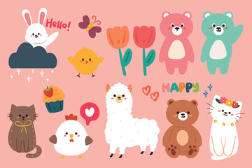 hand drawing cute cartoon animal character sticker set