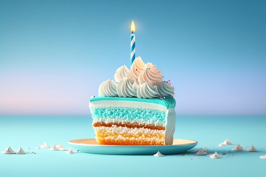 Piece Of Sweet Birthday Treat With Candle Against Background. Generative Ai.