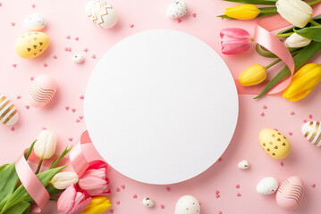 Easter concept. Top view photo of white circle bouquets of fresh tulips with silk ribbon colorful easter eggs and sprinkles on isolated pastel pink background with copyspace