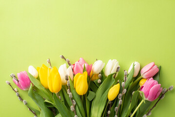 Mother's Day atmosphere concept. Top view photo of bunch of flowers pussy willow yellow pink and white tulips on isolated light green background with empty space © ActionGP