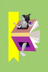 Vertical minimal collage photo of young addicted reader books girl academic inside absurd book page...