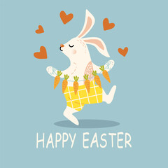 cute rabbit holding a garland of happy easter carrots