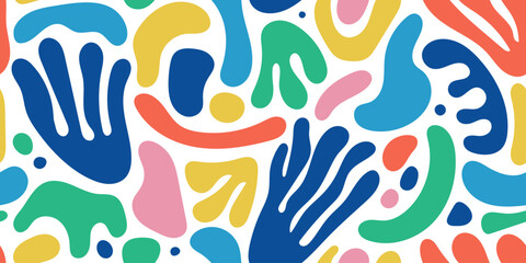 Vector abstract shape seamless pattern, colorful collage style floral background with organic wavy, cutout forms. Contemporary art background.