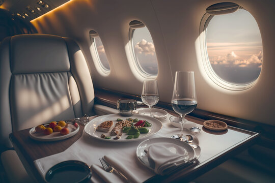 Luxury boarding in a private modern business jet. Luxurious interior in the right design. AI generated illustration.