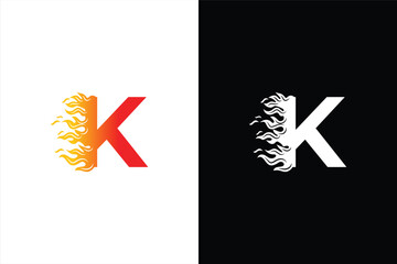 Initial letter K and fire shape with ribbon logo style in gradient color. K letter logo, fire flames logo design.