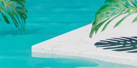 Summer background with marble podium in pool water and monstera leaf shade. Luxury hotel resort for...