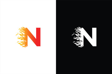 Initial letter N and fire shape with ribbon logo style in gradient color. N letter logo, fire flames logo design.