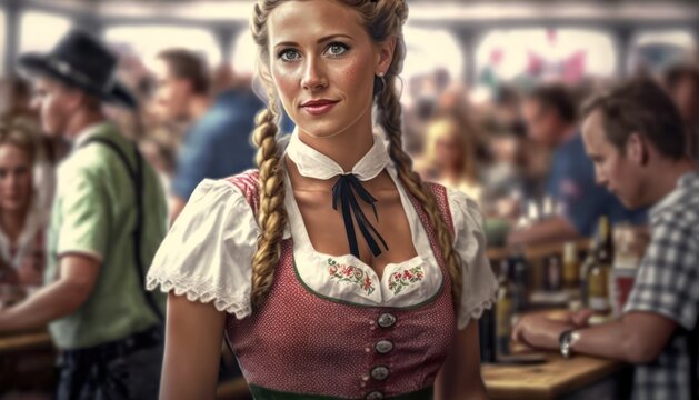 Close-up of a waitress dressed in a traditional Bavarian dirndl at the Oktoberfest beer festival in Munich, Germany, generative ai	