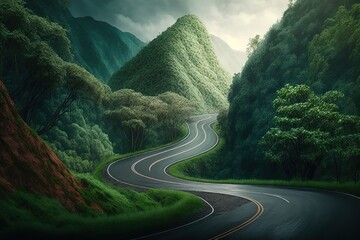 Road in the middle of the lush green forest, road curve construction up to the mountain, Rainforest ecosystem and healthy environment concept, AI generated