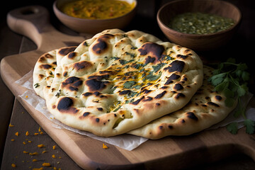 Indian garlic naan with butter and parsley, Generative AI