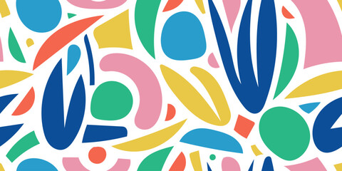 Vector abstract shape seamless pattern, colorful collage style floral background with organic wavy, cutout forms. Contemporary art background.