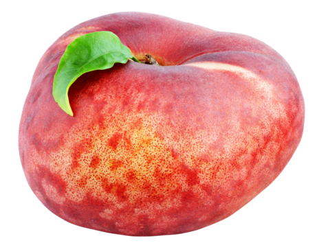 Chinese flat donut peach with leaf isolated on transparent background. Full depth of field.