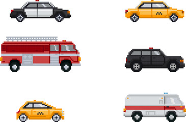 Pixel art transport collection. Vehicles pack, police, ambulance, taxi, fire truck icons isolated. Flat vector illustration set.