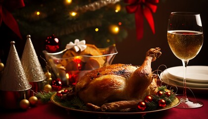 Fototapeta na wymiar クリスマス_ローストチキン_赤_Christmas_roasted chicken_generative ai