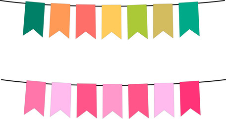 Vector illustration of a pink, purple, green, yellow and orange flag on a white background ,Party background with flags. Vintage color flags. Wedding party. Event decoration.