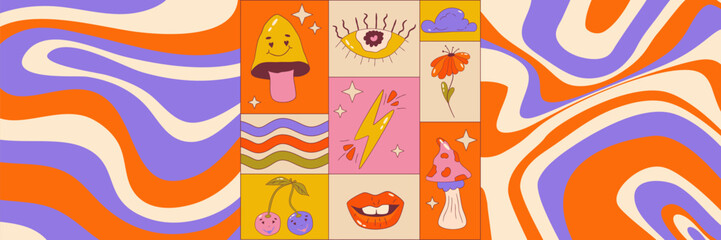 Trippy graphic poster set with retro groovy wave. Poster square with lips, flower, mushroom and wave. Trippy groovy 70s graphic. Cartoon vector illutration