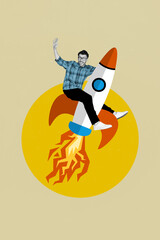 Creative composite photo collage of young overjoyed startup owner business man flying rocket fast speed beginning isolated on gray background