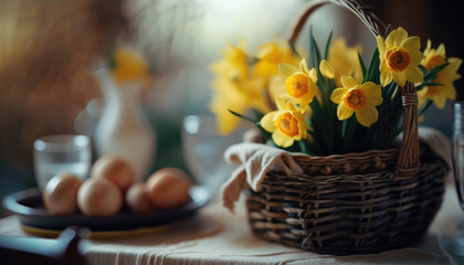 Beautiful easter table arrangement with basket full of yellow daffodils and eggs.
