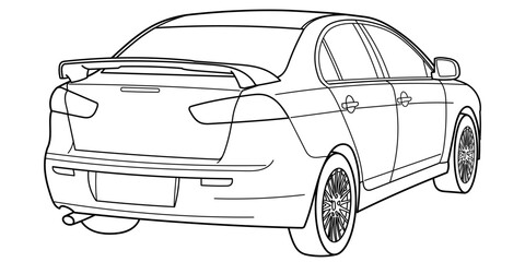 Outline drawing of a sport sedane car from side view. Classic 90s, 00s style. Vector outline doodle illustration. Design for print or color book..