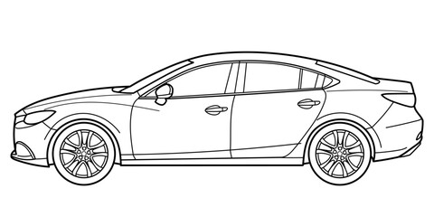 Classic sedan car. 5 door car on white background. Side view shot. Outline doodle vector illustration.