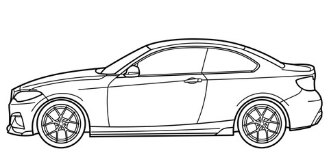 Outline drawing of a sport coupe car from side view. Classic modern style. Vector outline doodle illustration. Design for print or color book.	
