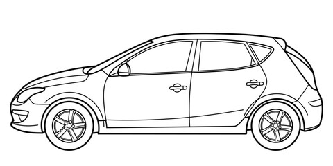 Outline drawing of a hatchback car from side view. Vector outline doodle illustration. Design for print or color book