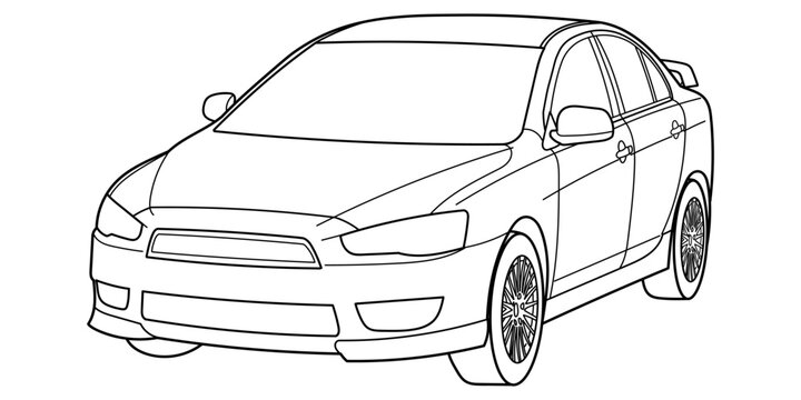 Outline drawing of a sport sedane car from side view. Classic 90s, 00s style. Vector outline doodle illustration. Design for print or color book..