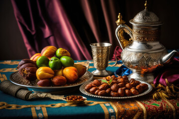 Naklejka premium Close up variety of table with arabic food during iftar meal on ramadan AI generated