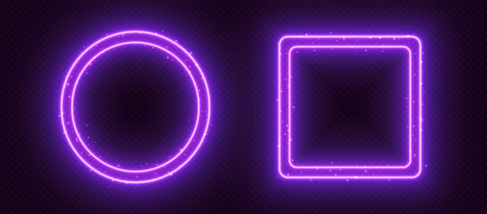 Neon frames, glowing borders with sparkles, purple led circle and square with double borders. Avatar frames for game, UI design elements. Vector illustration.
