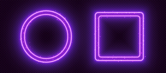 Neon frames, glowing borders with sparkles, purple led circle and square with double borders. Avatar frames for game, UI design elements. Vector illustration.