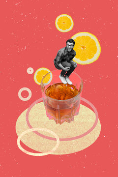 Vertical collage creative poster of young carefree guy student jumping inside glass cognac slice lemon bar advert isolated on red background