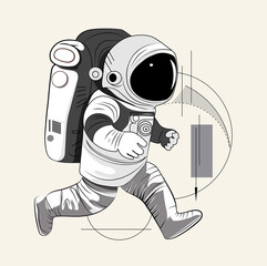 Astronaut explores space being desert planet. Astronaut space suit performing extra cosmic activity space against stars and planets background. Human space flight. Modern illustration