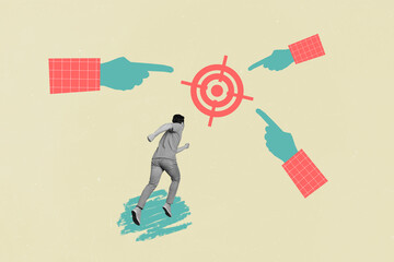 Creative motivation collage conceptual artwork design running fast guy goal target fingers point...