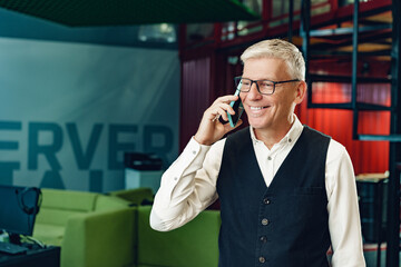 Handsome mature businessman talking on mobile phone in the office
