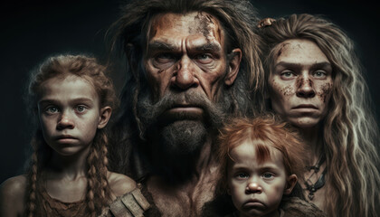 Surviving Together: The Close-Knit Bonds of a Neanderthal Family, generative ai - obrazy, fototapety, plakaty