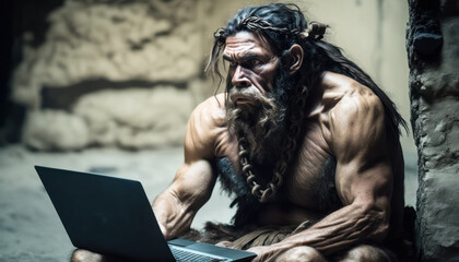 An imaginative depiction of a Neanderthal donning animal furs and in contrast, sitting next to a contemporary laptop, underscoring the remarkable technological strides made since ancien, generative ai