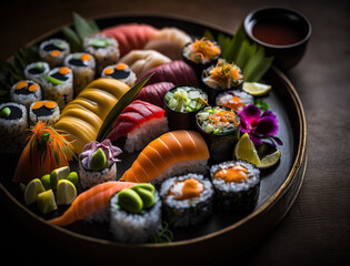 A captivating shot of a sushi platter, showcasing the vibrant colors of the fish and vegetables in moody lighting, emphasizing the beauty and artistry of Japanese cuisine.